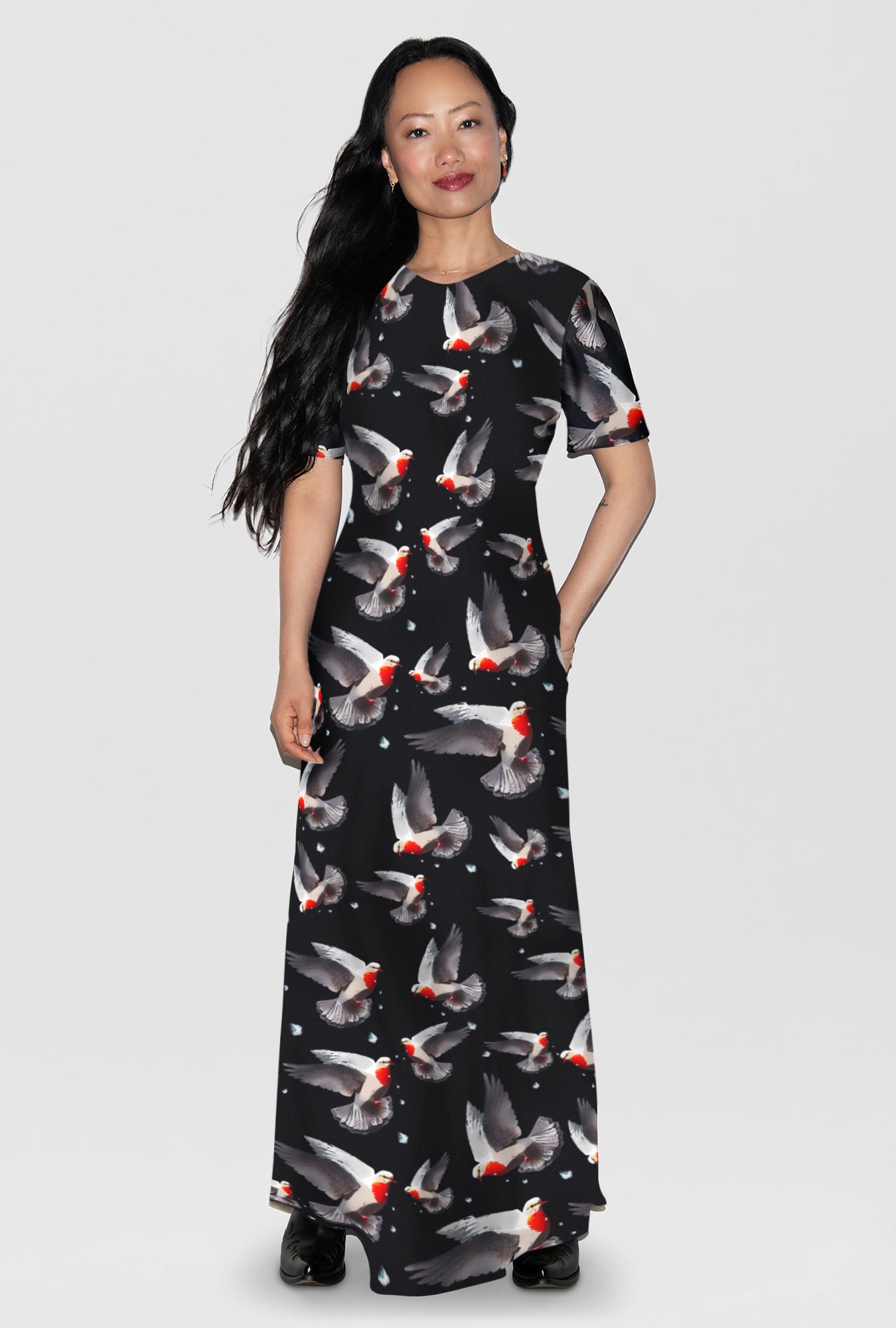 SHORT SLEEVE BIAS DRESS BLEEDING DOVE